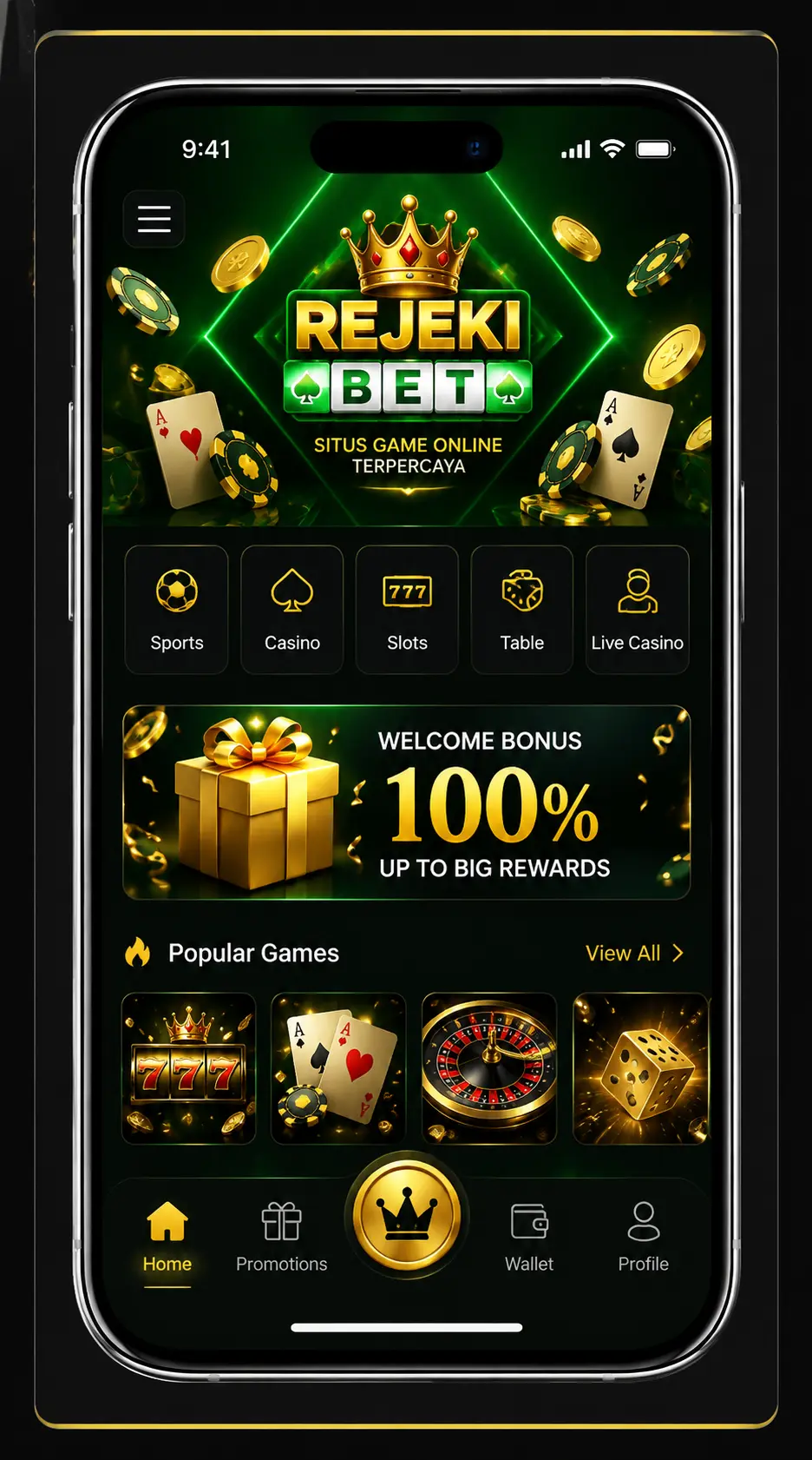 Rejekibet APK home screen pada perangkat mobile