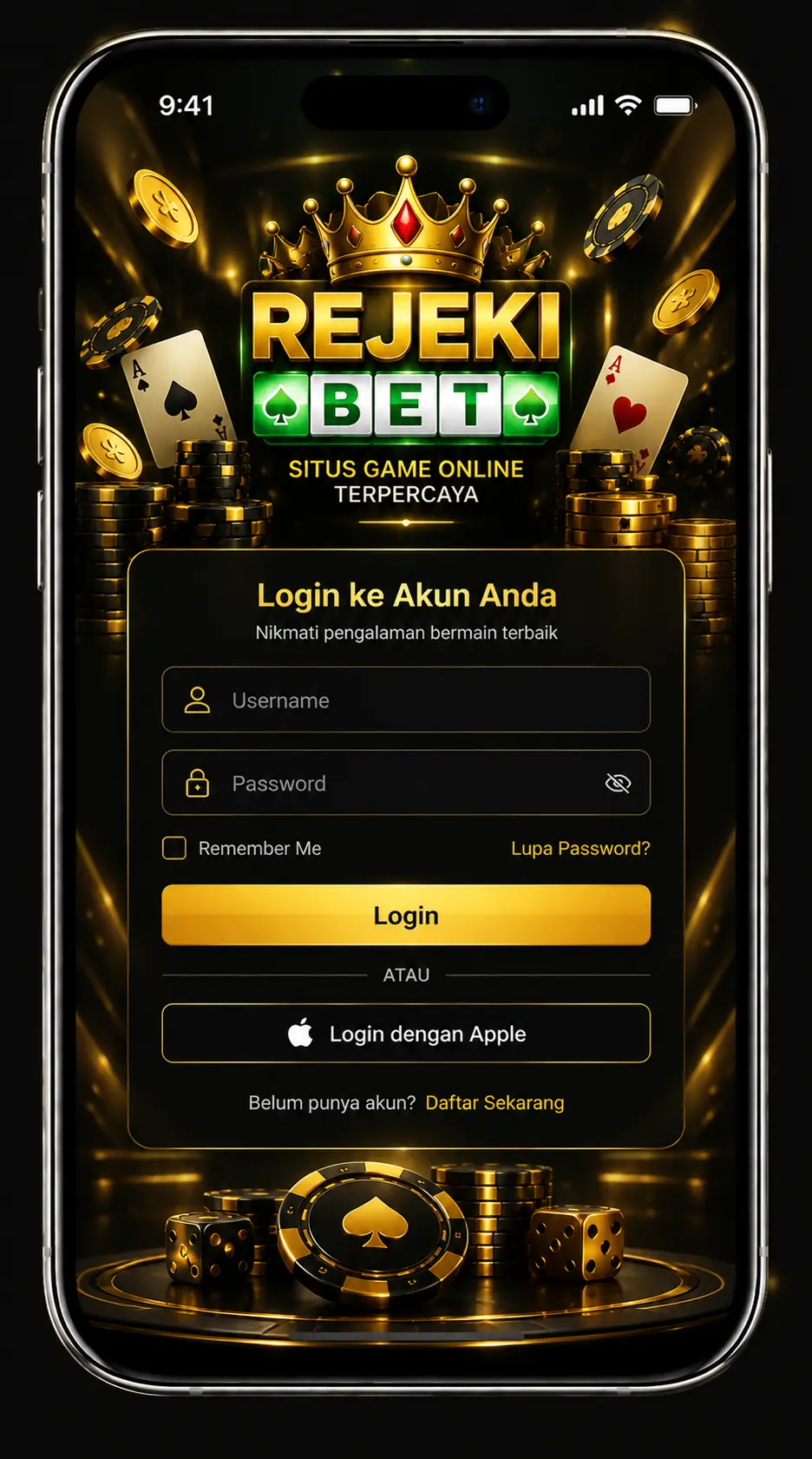 Rejeki Bet login screen pada perangkat mobile